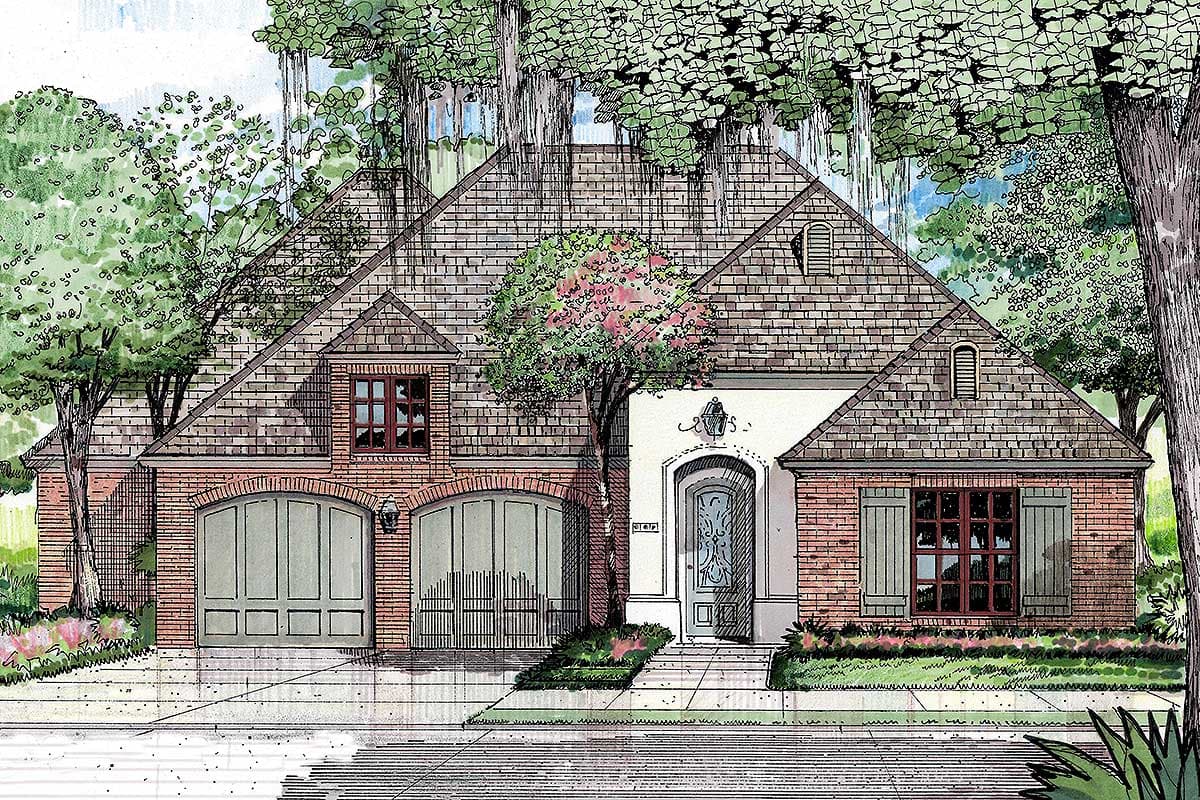 House plan exterior: Brick home with attached two-car garage, arched doorways, gabled rooflines, and dormer windows.