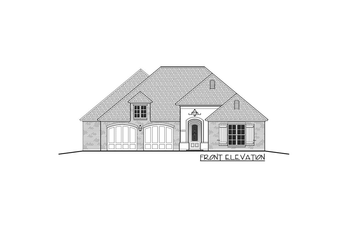 Front elevation drawing of a one-story house with brick facade, arched double garage doors, arched entry, and dormer.