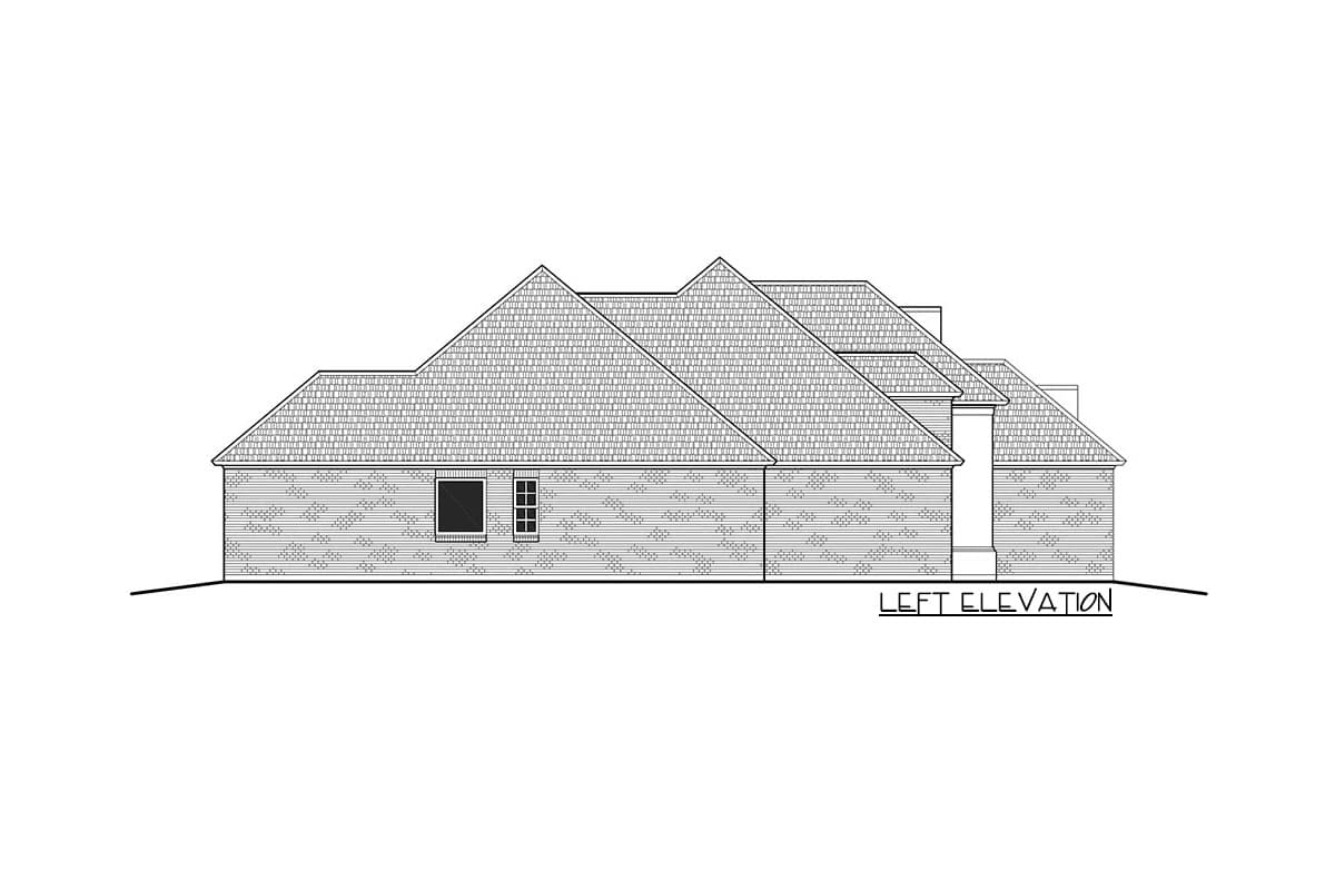 Left elevation drawing of a house plan showing multiple gables, shingled roof, and brick exterior with windows and a chimney.