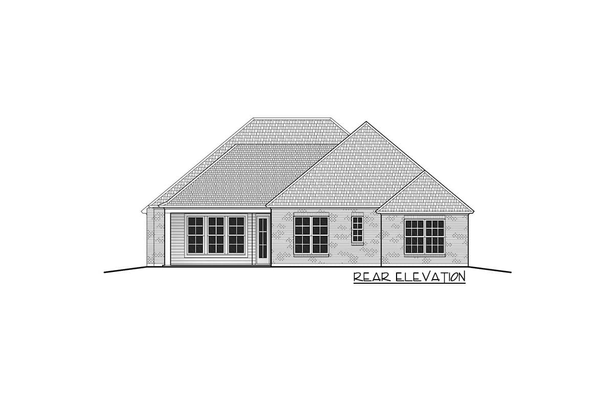 Rear elevation house plan with a hip roof, multiple gables, and various window styles.