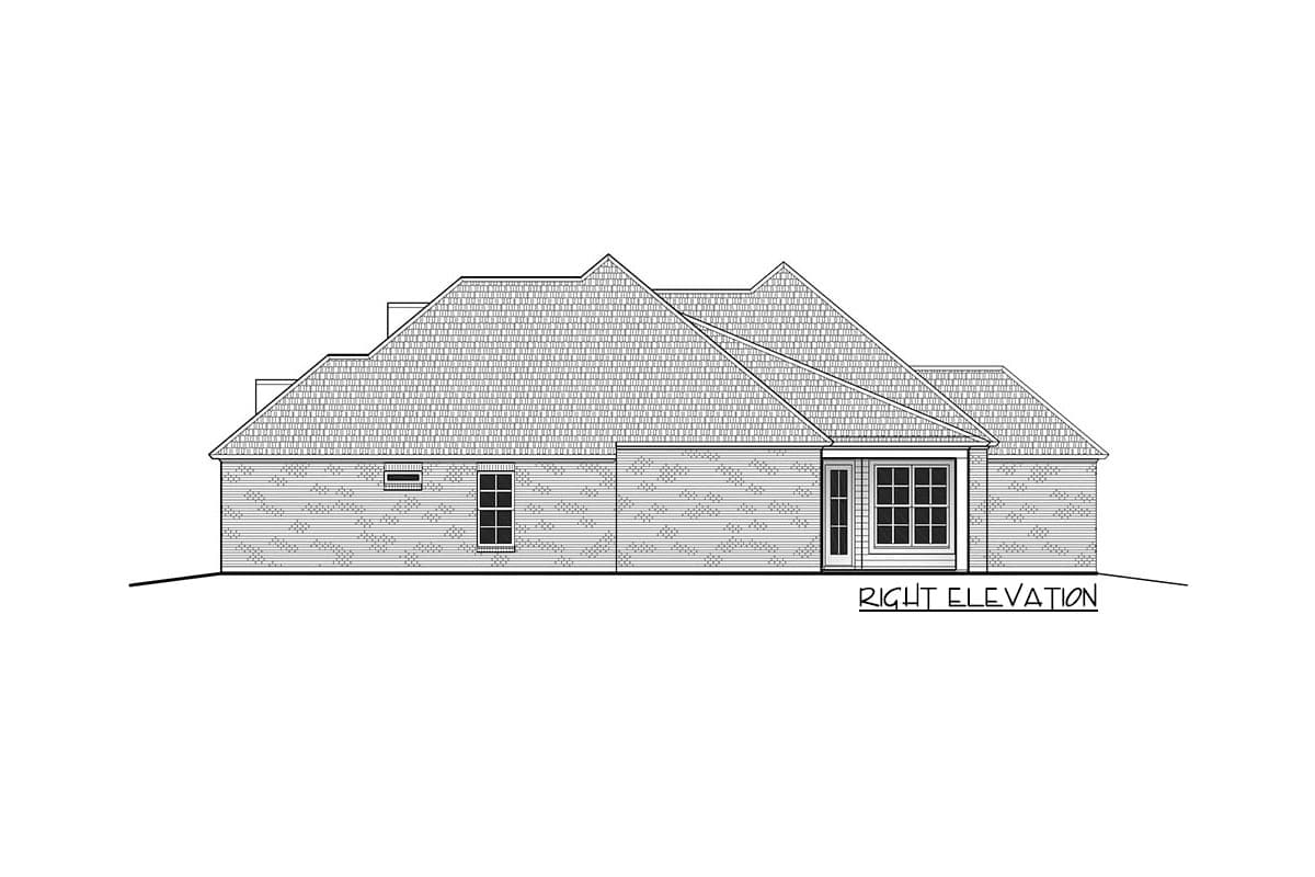 Right elevation drawing of a house plan featuring brick siding, multi-level rooflines, a large windowed door, and two windows.