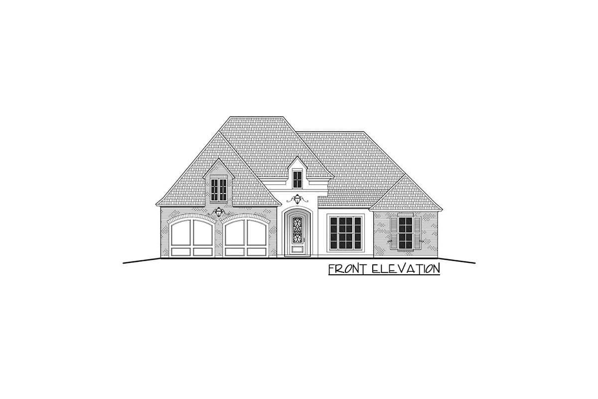 Front elevation drawing of a one-story house plan with a central entry, double garage, dormer, and multi-pane windows.
