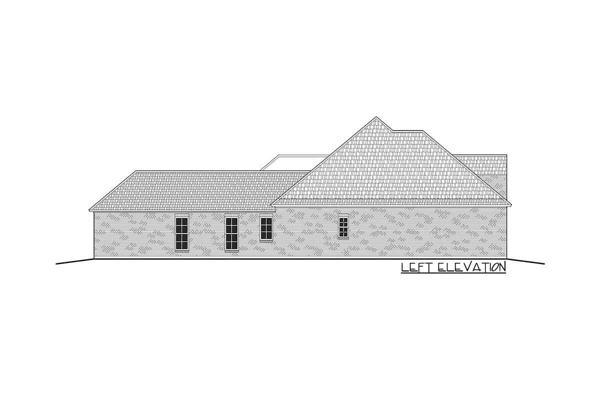 Left elevation drawing of a single-story house plan with a hip roof and visible brickwork.