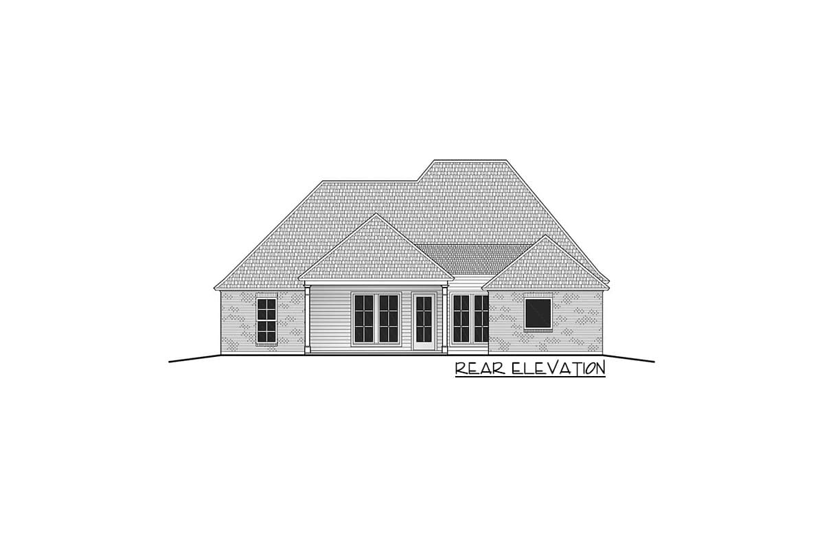 Rear elevation drawing of a single-story house plan with a brick exterior, multi-pane windows, and a hip roof.
