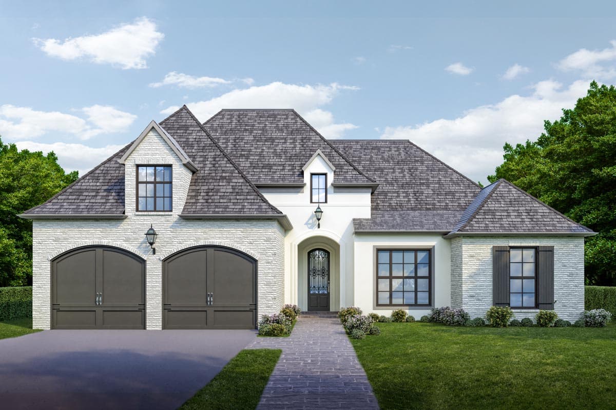 House plan exterior: French Provincial style, one story, two-car garage, arched entry, gables, and dormer.