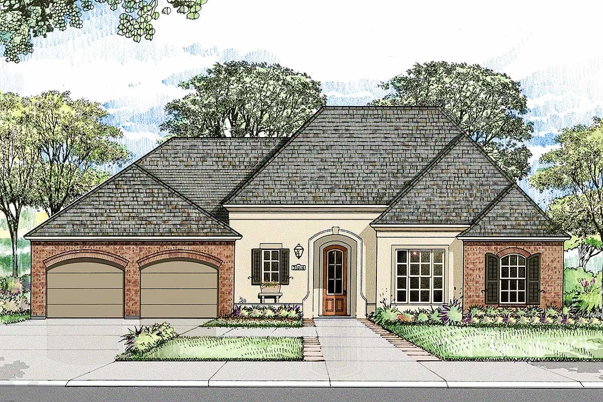House plan exterior. One-story with a brick and stucco facade, arched garage bays, and a gabled roof. Features include shutters and arched doorway.