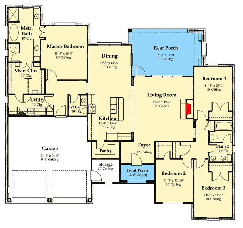 Plan 860009MCD: Split Bedroom Acadian Style House Plan Under 2400 Square Feet - Floor Plan - Main Level - Acadian, French Country, Louisiana-Style, Southern