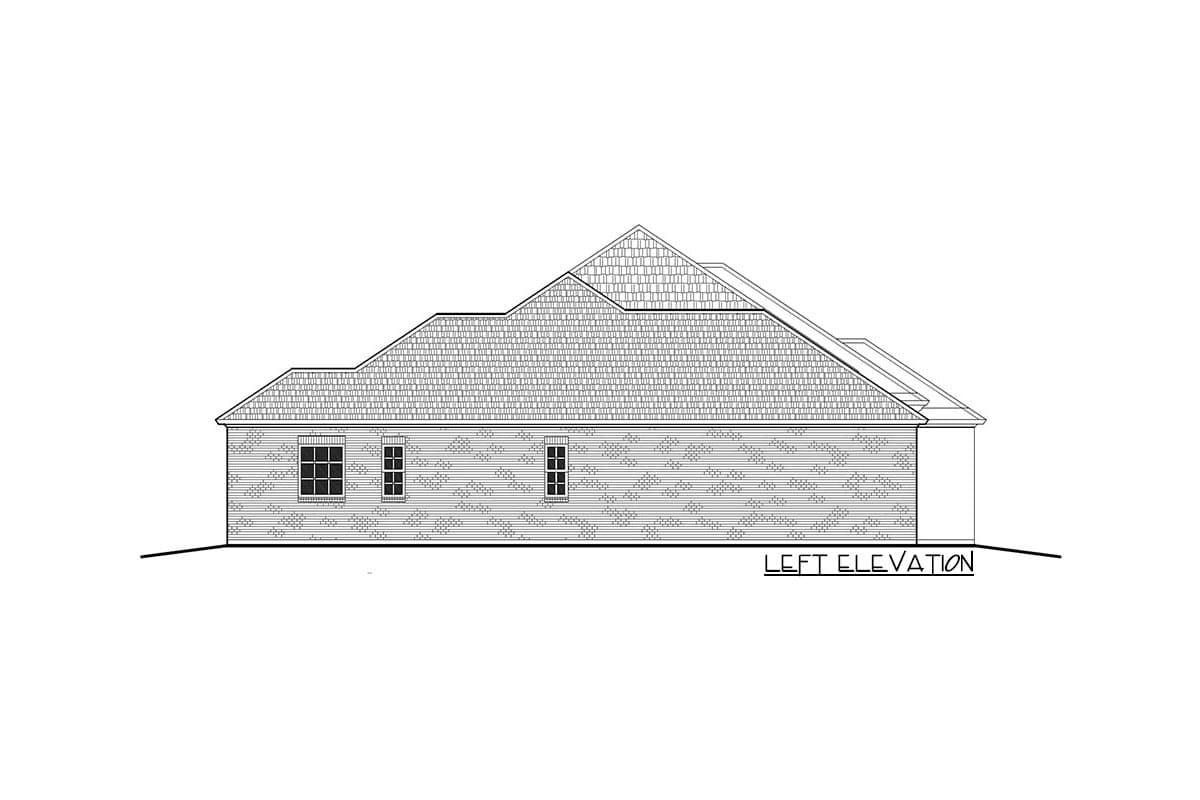 Left elevation drawing of a house plan with multiple gables and patterned siding.