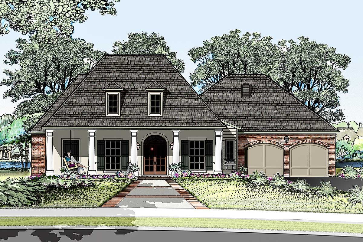 House plan exterior featuring a two-story design with a front porch, gabled roof, and brick facade with a two-car garage.