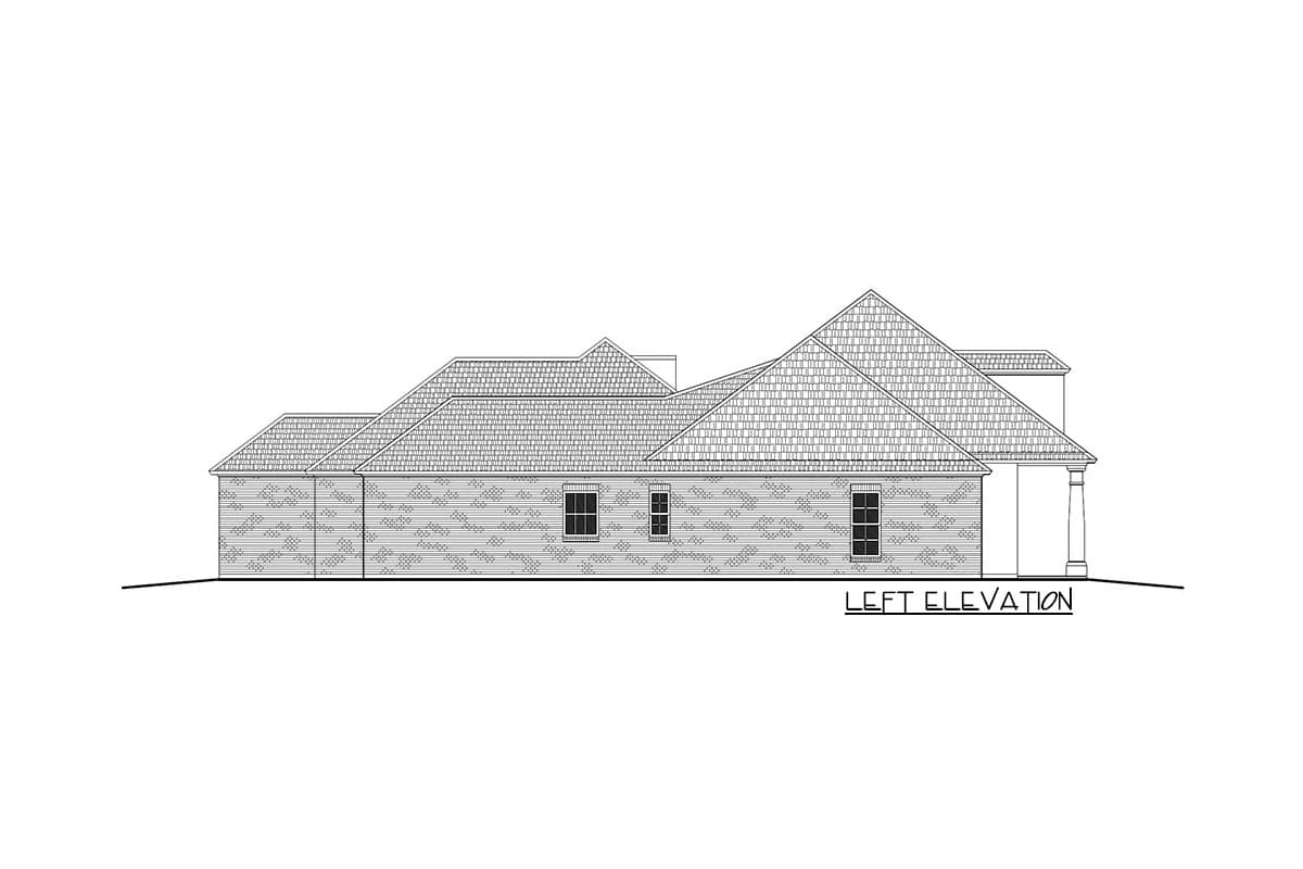 Left elevation drawing of a single-story house plan with a prominent hipped roof and brick exterior.