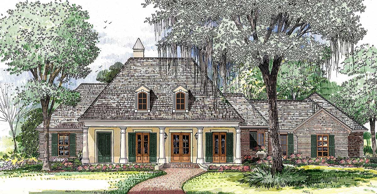 House plan exterior featuring a hipped roof, two dormers, a central covered porch with columns, and brick and stucco cladding.