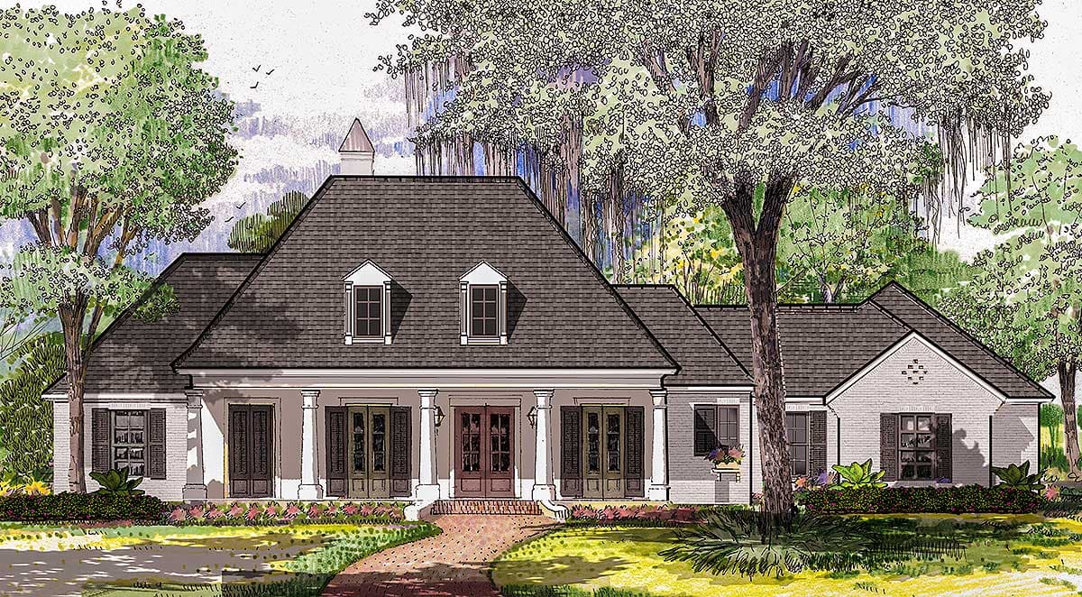 House plan exterior: One-story home with prominent portico, double dormers, and brick facade.