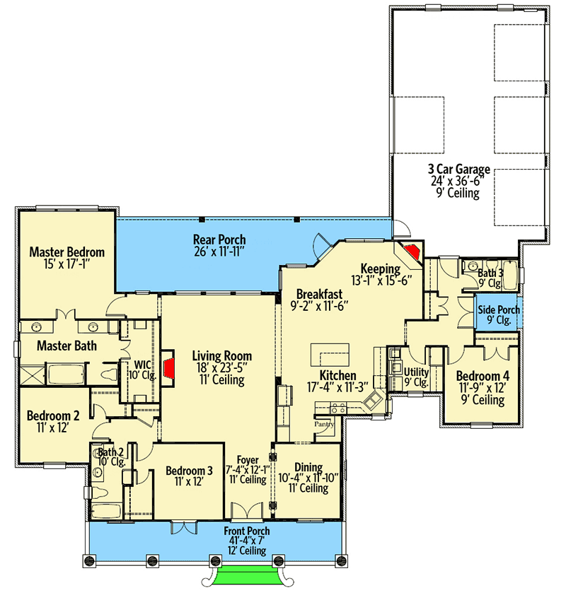 Plan 860011MCD: 4-Bed Acadian House Plan With 3-Car Garage - Floor Plan - Main Level - Acadian, Louisiana-Style, Southern, Traditional