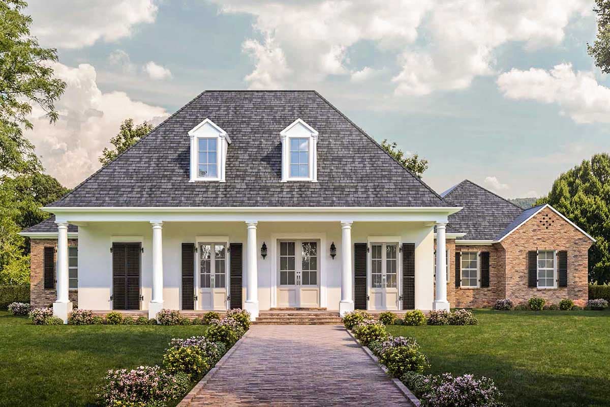 House plan exterior featuring a two-story Colonial style with a covered porch supported by columns, dormers, and a brick accent wall.