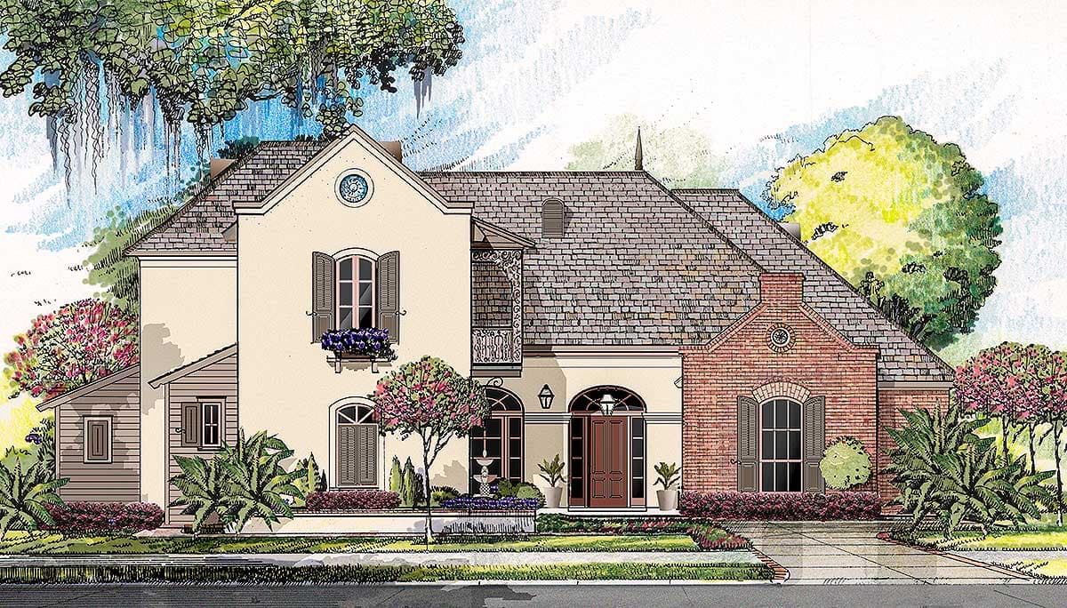 House plan exterior with two stories, a brick facade, arched entry, decorative balcony, and multiple gables.