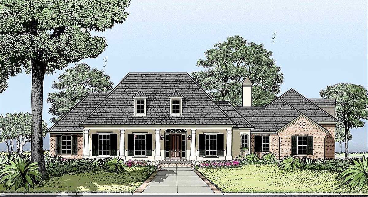 House plan exterior: Single-story home with brick accents, a covered porch with columns, dormer windows, and a steeply pitched roof.