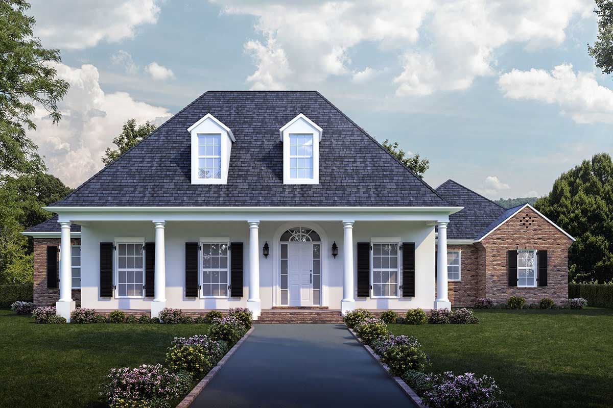 House plan exterior featuring a two-story design with a covered porch supported by columns, dormers, and a gabled roof.