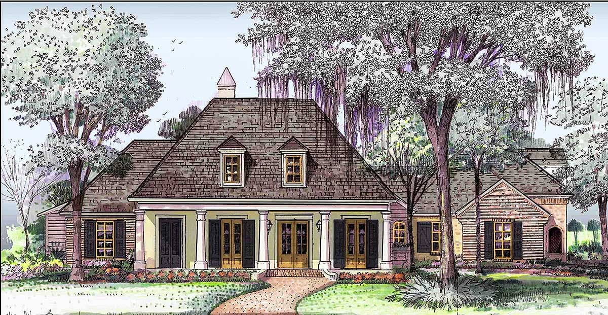 House plan exterior: one-story home with a prominent central portico supported by columns, dormer windows, and varied rooflines.