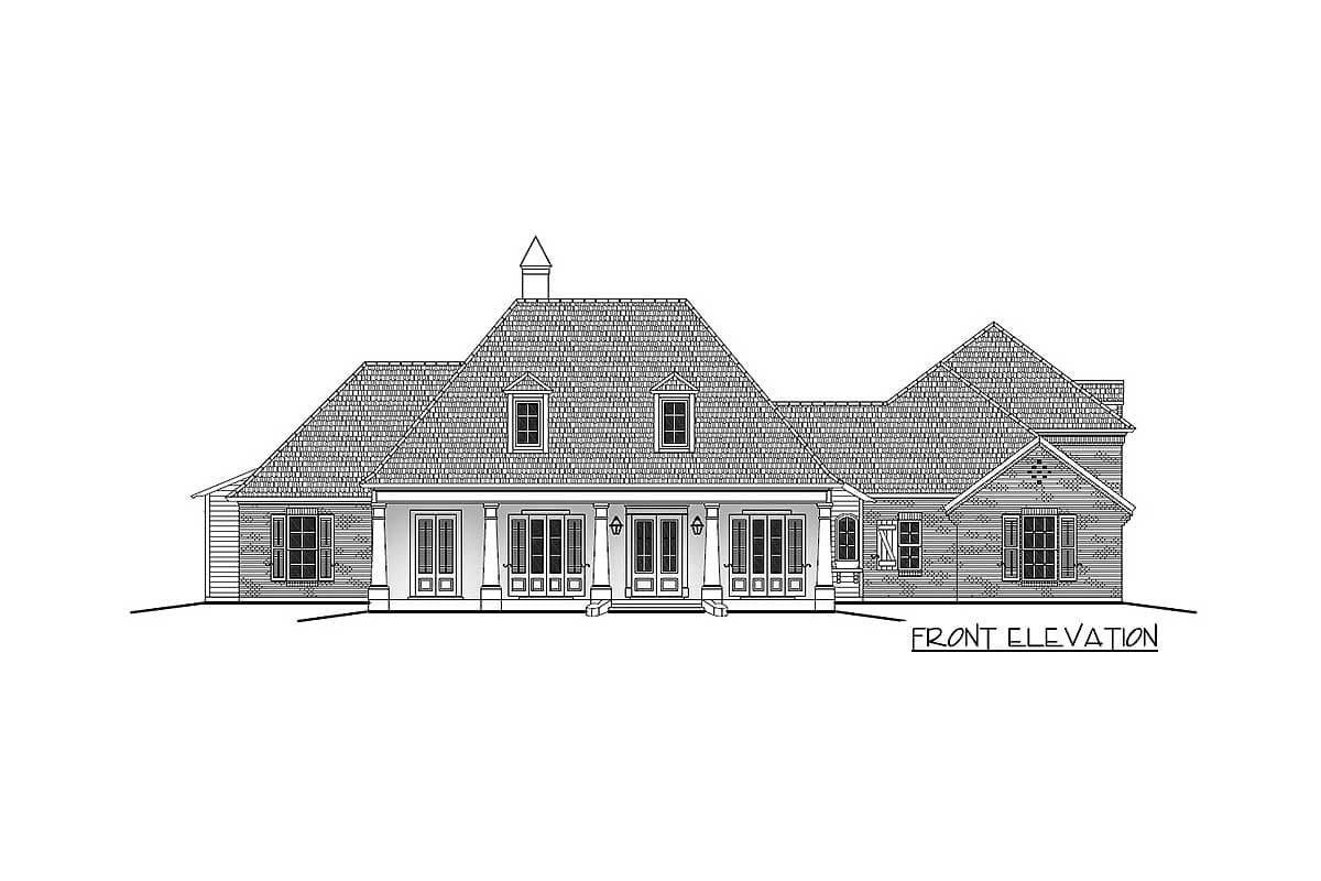 Front elevation drawing of a two-story house plan with a covered porch, multiple gables, dormers, and cupola.