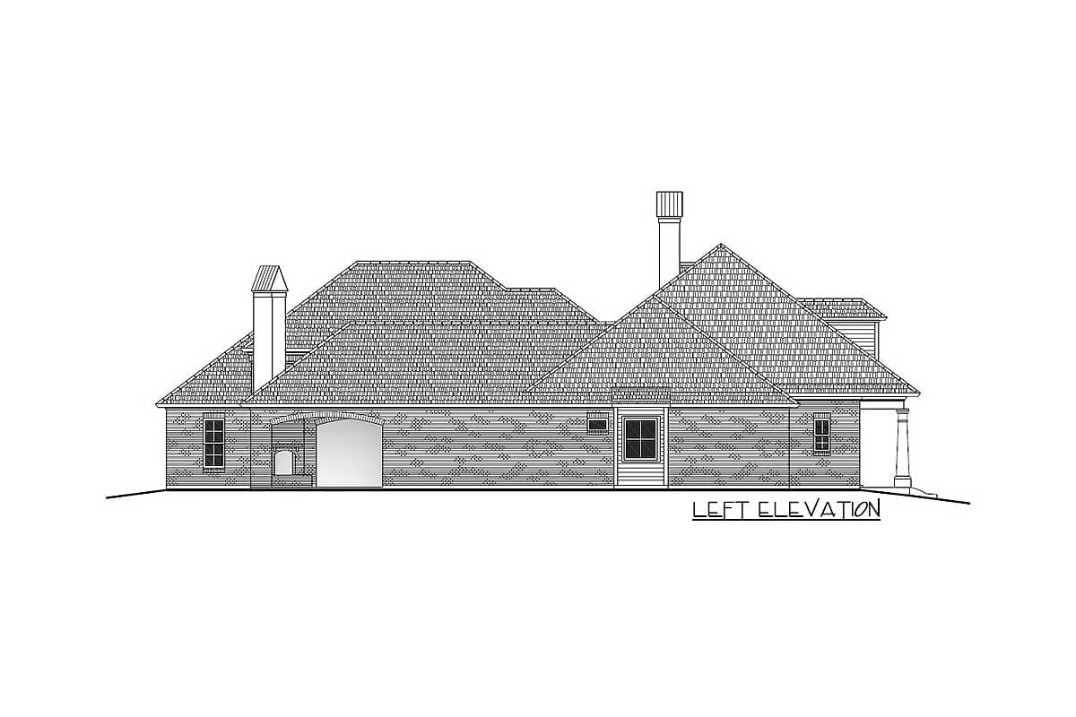 Left elevation drawing of a house plan featuring multiple gables, a pitched roof, brick exterior, and arched entryway.