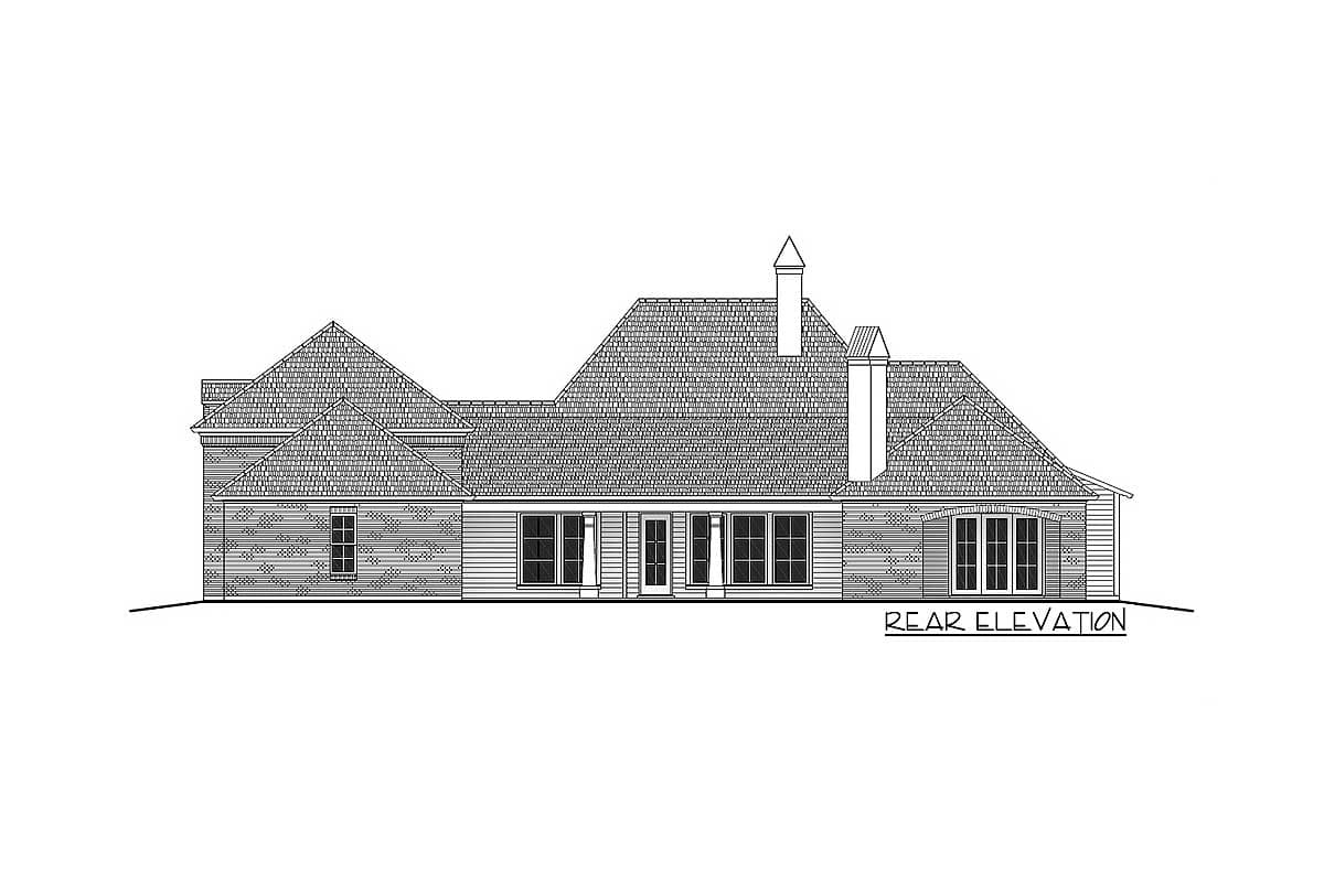 Rear elevation house plan showing a multistory home with gables, multiple windows, double doors, and two chimneys.