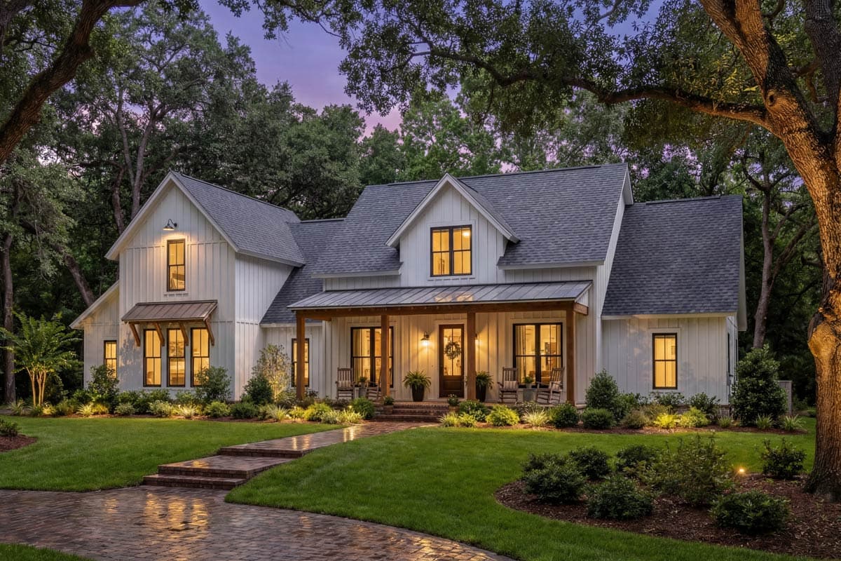 Modern Farmhouse house plan exterior with board and batten siding, covered porch, and multiple gables.