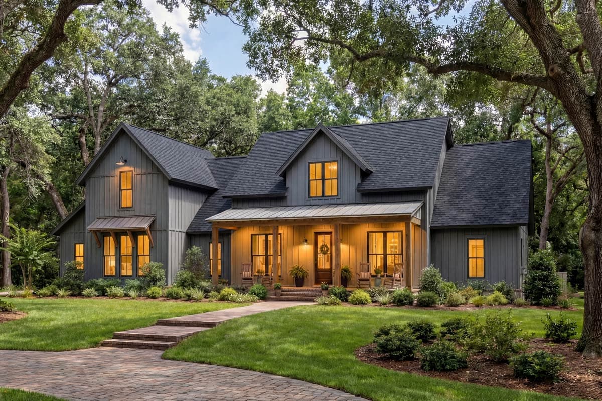 Modern Farmhouse house plan exterior with a prominent gable, metal-roofed porch, and vertical siding.