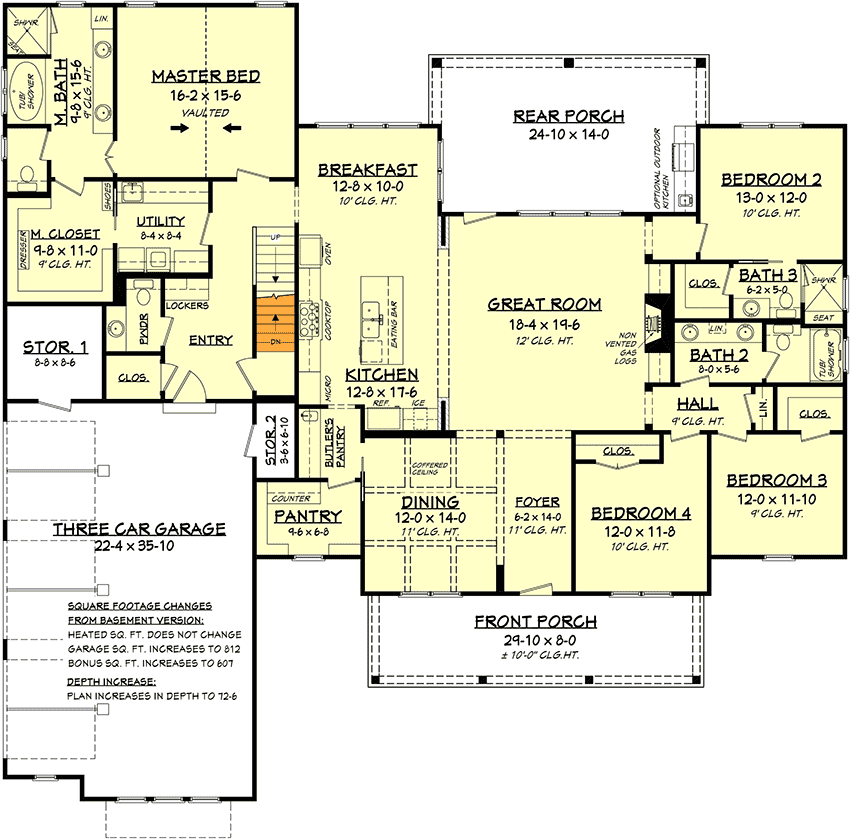 Plan 51773HZ: 4-Bed Modern Farmhouse with Bonus Over Garage - 2742 Sq Ft - Floor Plan - 3-Car Side-Entry Garage w/ Basement Option - Country, Modern Farmhouse, New American, Traditional