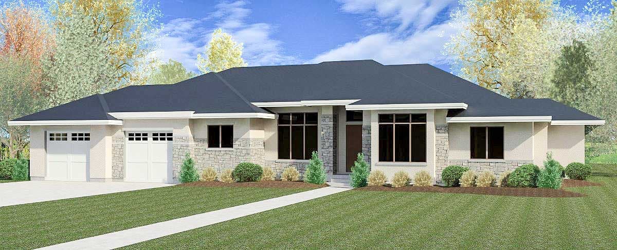 House plan exterior featuring a single-story design, flat roof, stone accents, and an attached garage.