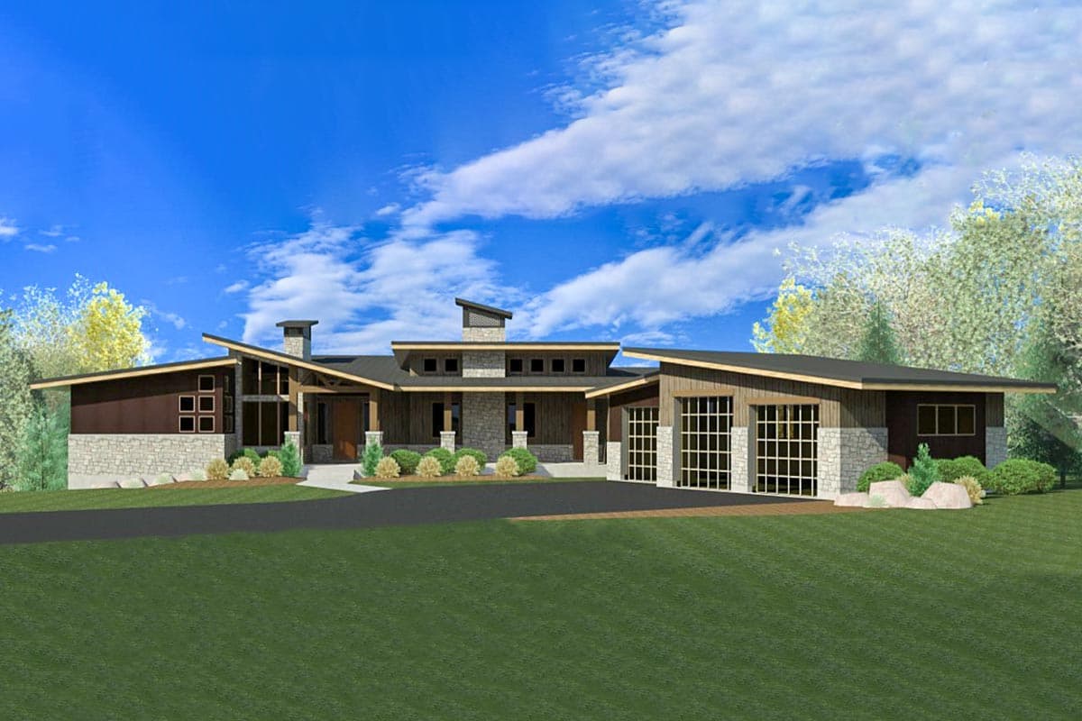 House plan exterior. Modern style, single story. Features include an asymmetrical roofline, stone facade accents, and attached garage.