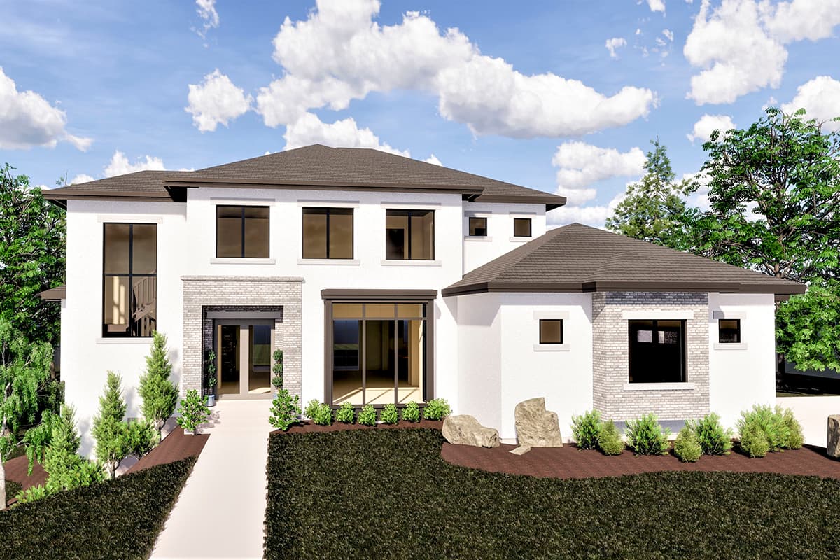 House plan exterior with two stories and a flat roof. Features include large windows, brick accents, and a covered entry.