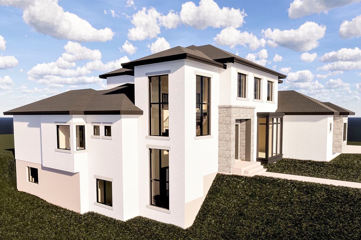 House plan exterior: Two-story modern home with large windows, contrasting brick accents, and multiple rooflines.