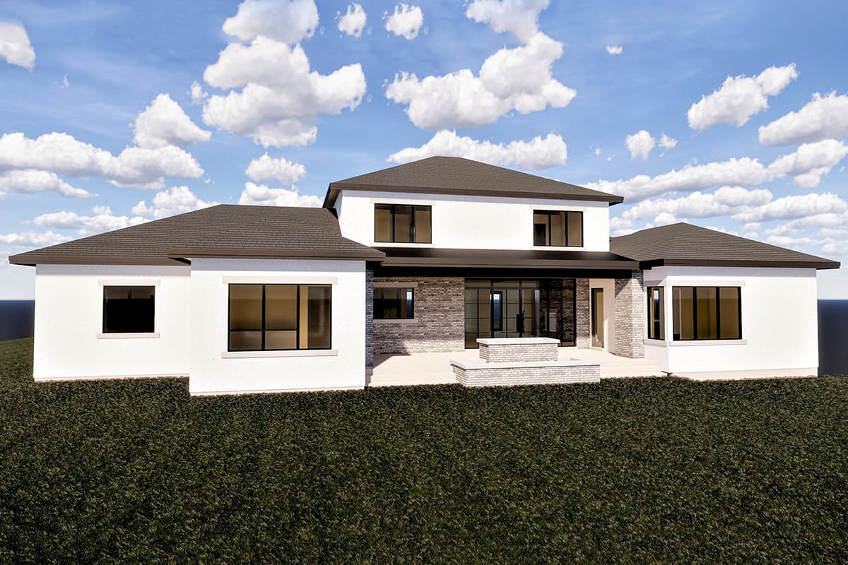 House plan exterior: two-story modern home with large windows, multi-level rooflines, and a brick-clad central section.