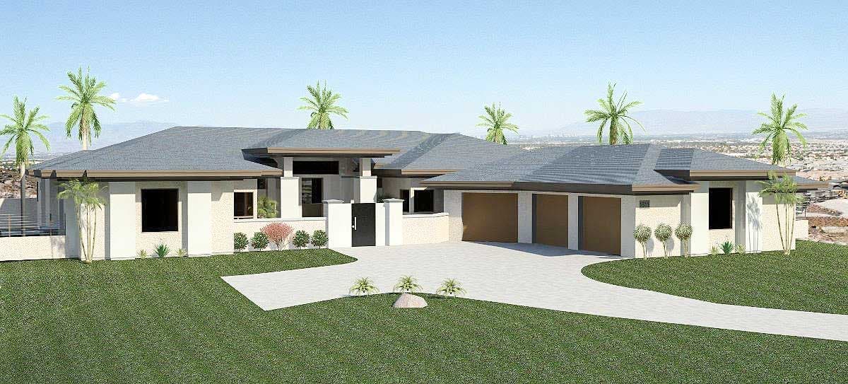 House plan exterior with flat roof, three-car garage, and portico entry. Low profile, single-story home with a neutral stucco exterior.