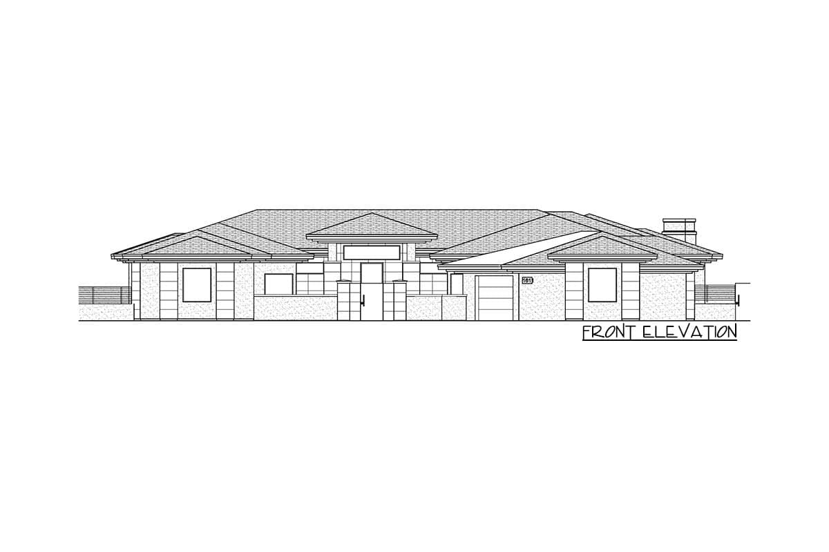 Front elevation drawing of a single-story house with multiple gables, a covered entryway, and an attached garage.