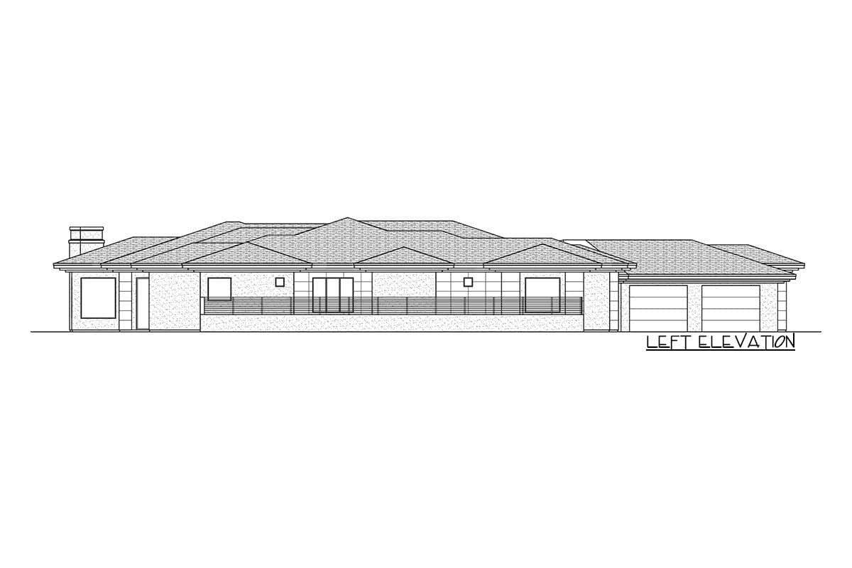 Left elevation house plan of a single-story home with a hip roof, multiple gables, a covered patio, and a two-car garage.