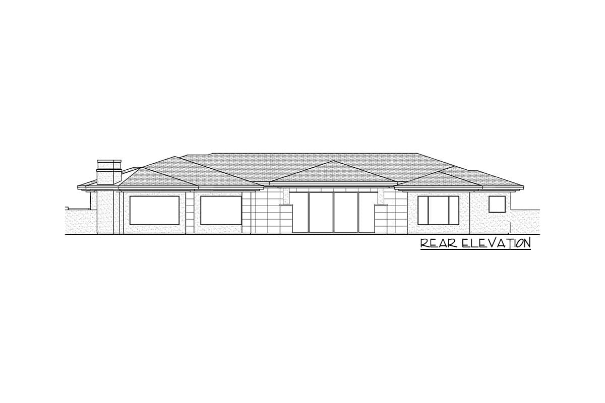 Rear elevation house plan with multiple gables, large windows, and chimney.