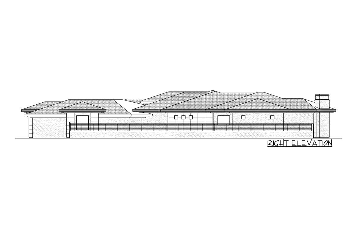 Right elevation drawing of a single-story house plan with a multi-level roofline, modern windows, and a chimney.