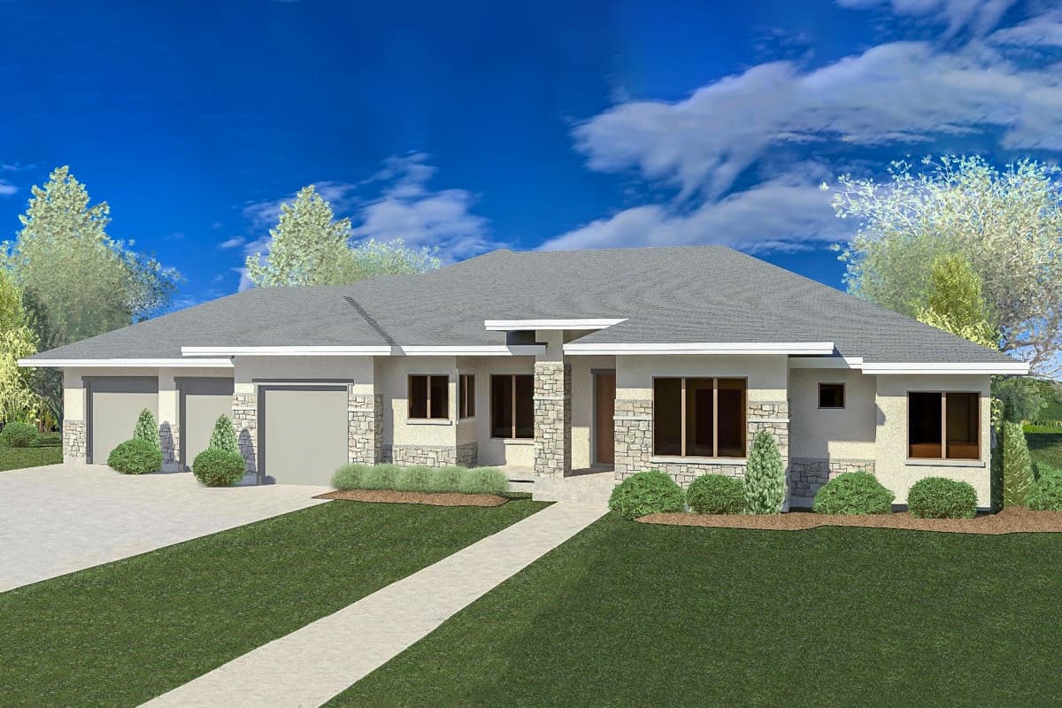 House plan exterior featuring a single-story design, flat roof, and stone-clad pillars flanking the entry. The plan includes a 3-car garage.