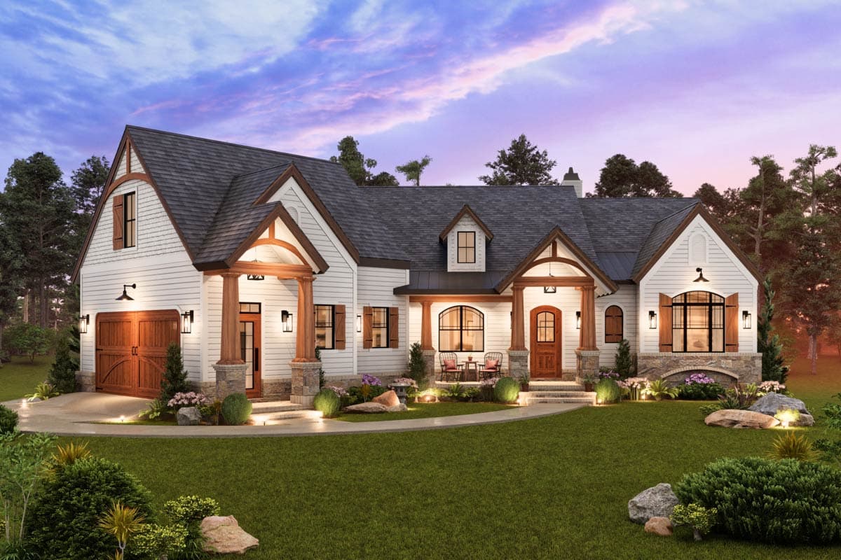 House plan exterior: Modern Farmhouse style, 1.5 stories, with a side-facing garage, arched entryway, and exposed wooden beams.