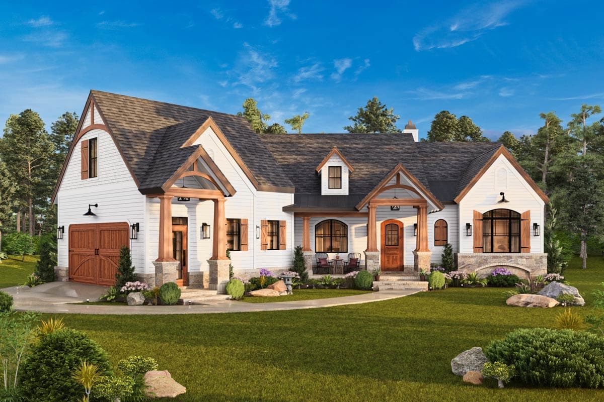 House plan exterior: Modern Farmhouse style, one story, with a gabled roof, arched entry porches, and a side-facing garage.