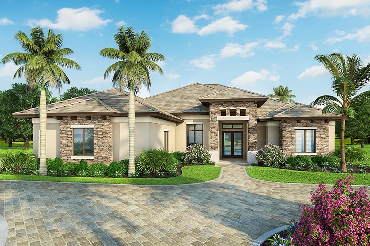 House plan exterior. One-story design with stone accents, a multi-gabled roof, and recessed entry. Features a paver driveway and landscaping.