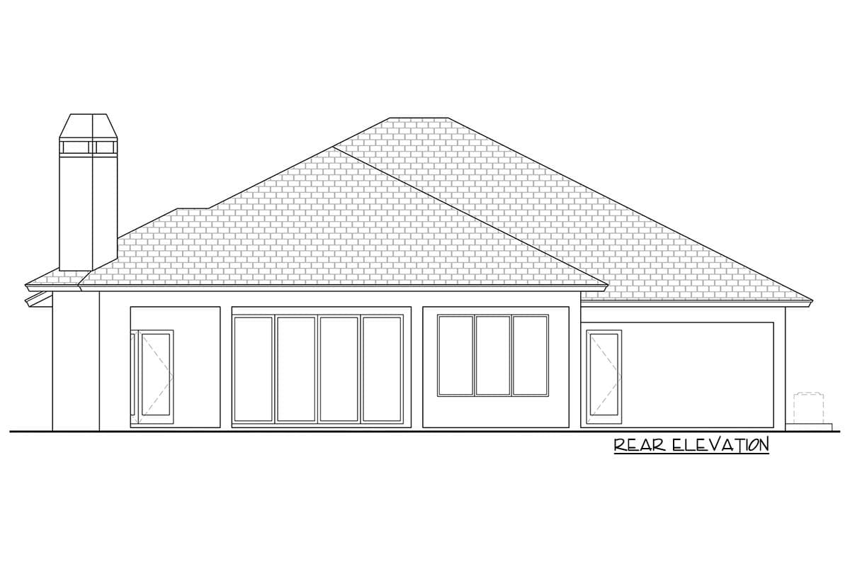 Rear elevation drawing of a house plan with a prominent chimney, hipped roof, and multiple large windows.
