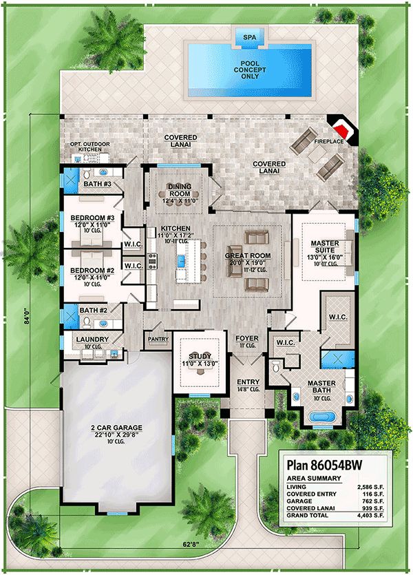 Plan 86054BW: Contemporary Coastal 3-Bed Home Plan - Floor Plan - Main Level - Florida-Style