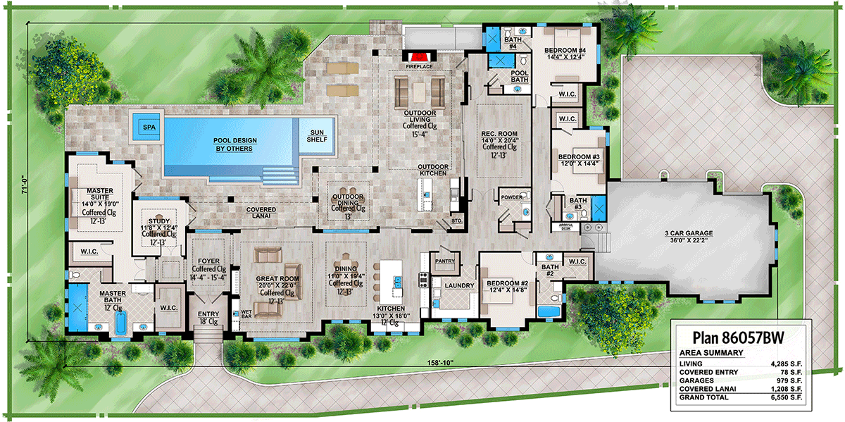 Plan 86057BS: L-Shaped Expansive Coastal Contemporary House Plan - 4285 Sq Ft - Floor Plan - Main Level - Coastal, Coastal Contemporary, Florida-Style, Southern
