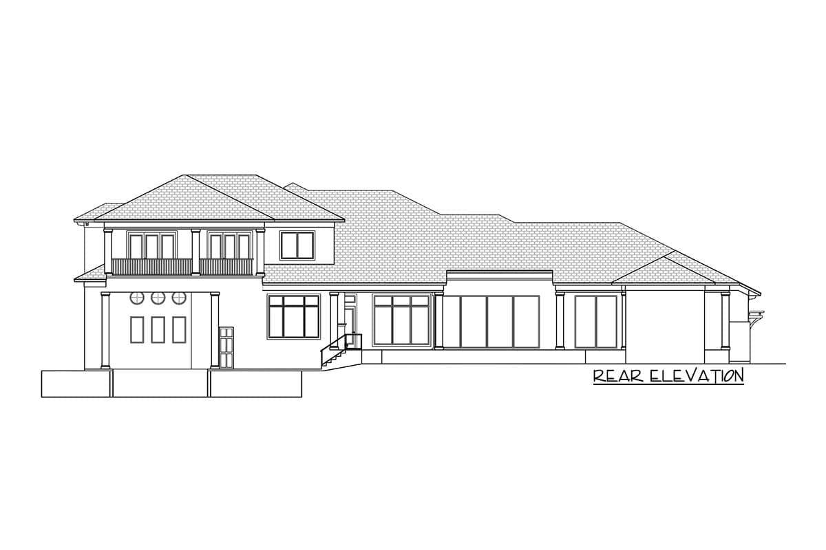 Rear elevation drawing of a two-story house with a balcony, large windows, and a covered patio.