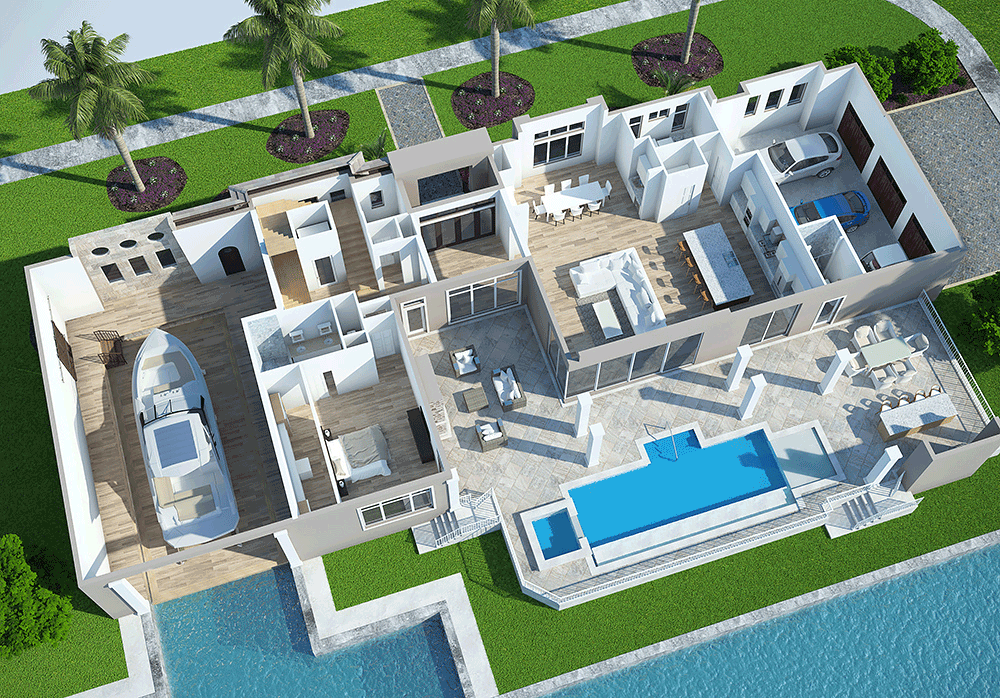Plan 86060BS: 4-Bed House Plan with Water Access Boat Garage - Floor Plan - Main Level 3D View - Coastal, Contemporary, Florida-Style