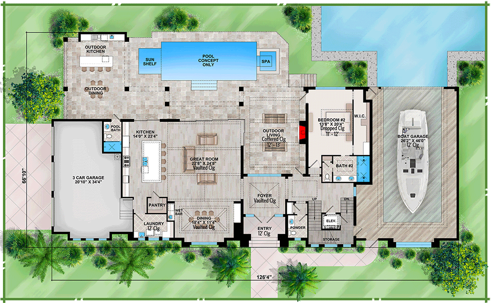 Plan 86060BS: 4-Bed House Plan with Water Access Boat Garage - Floor Plan - Main Level - Coastal, Contemporary, Florida-Style