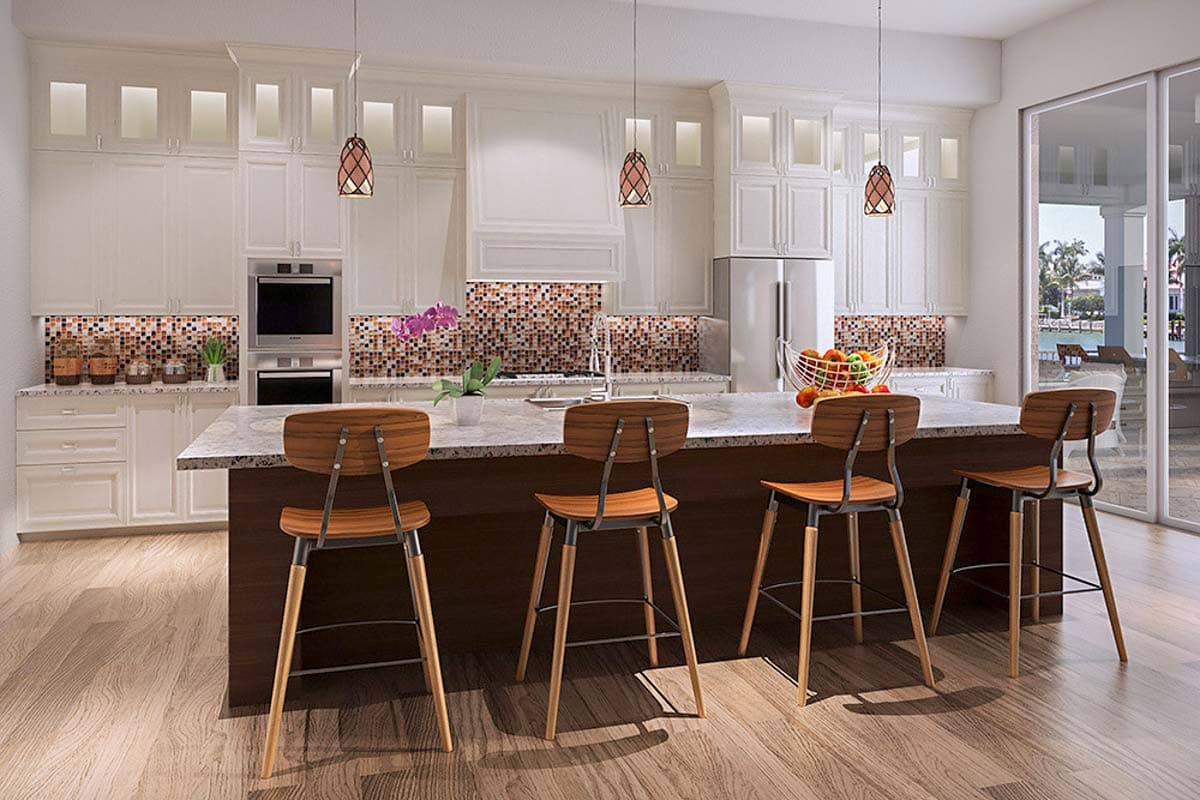 Contemporary kitchen rendering with large island, white cabinetry, stainless steel appliances, and mosaic tile backsplash.
