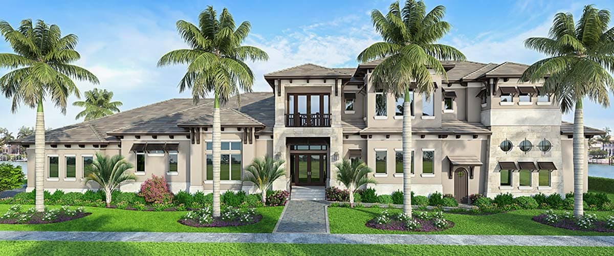 House plan exterior with Mediterranean style, two stories, prominent gables, covered balconies, and multiple windows with awnings.